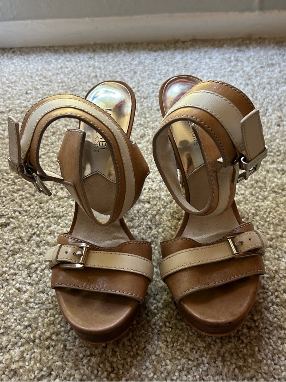 Michael Kors Two-Tone Brown & Cream Strappy Platform Heels